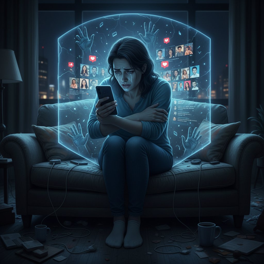Osoba przeglądająca media społecznościowe nocą w ciemnym pokoju, z wyrazem niepokoju na twarzy