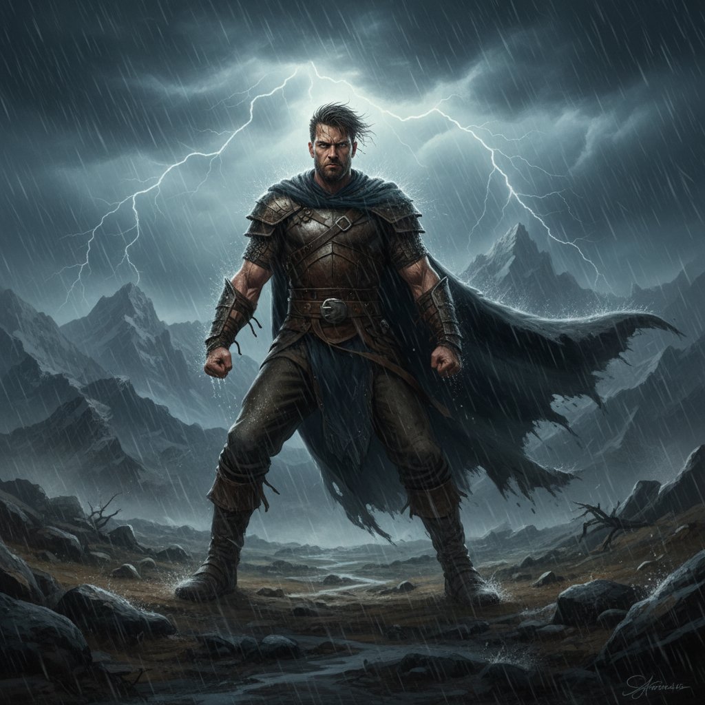 Osoba stojąca na tle burzy, z wyrazistą postawą, symbolizująca siłę własnej swoistości w kryzysie