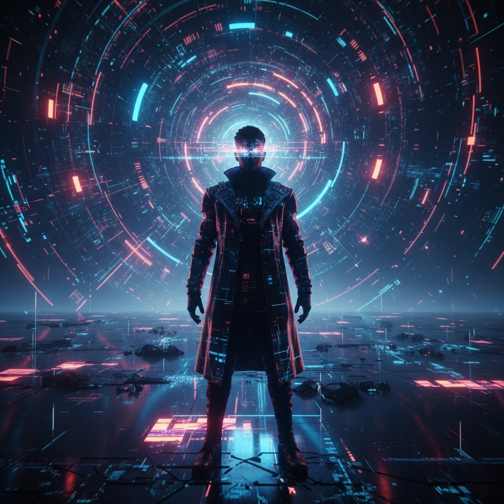 Człowiek patrzący w cyfrową otchłań, neonowe światło, refleksja nad filozofią technologii