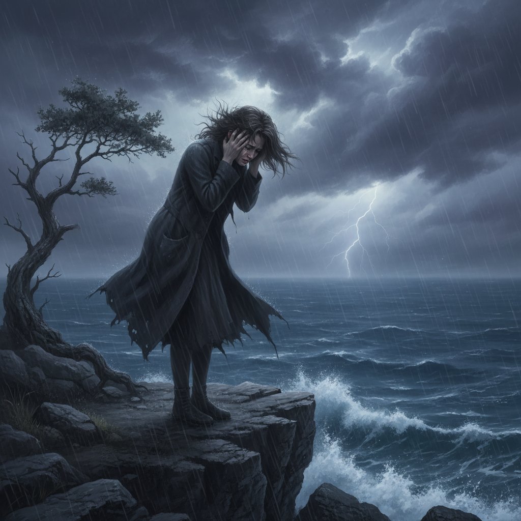 Osoba na tle burzliwego nieba, symbolizująca kryzys emocjonalny, dystres, słowo kluczowe