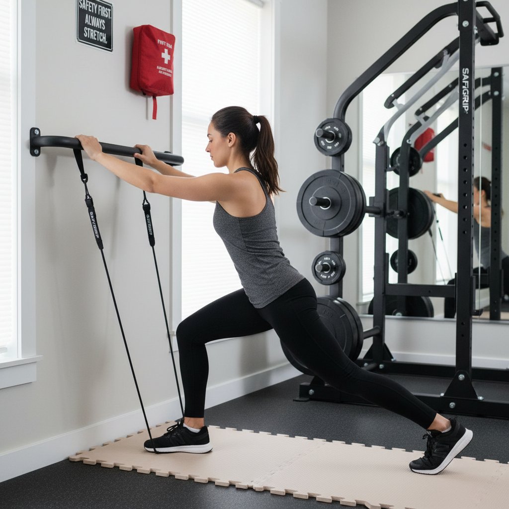 Osoba rozciągająca się po treningu HIIT, bezpieczne zakończenie sesji, sprzęt fitness w tle