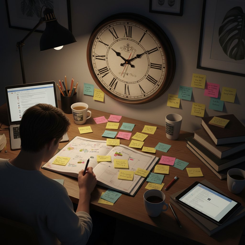 Osoba planująca powtórki na kolorowych karteczkach, obok zegar