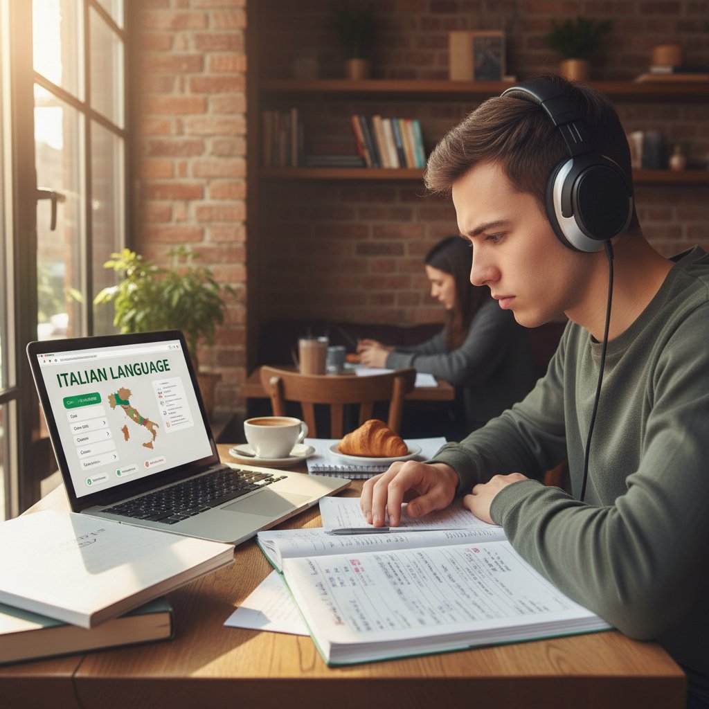 Osoba ucząca się do egzaminu CILS online, słuchawki, komputer, nowoczesne wnętrze, motywacja