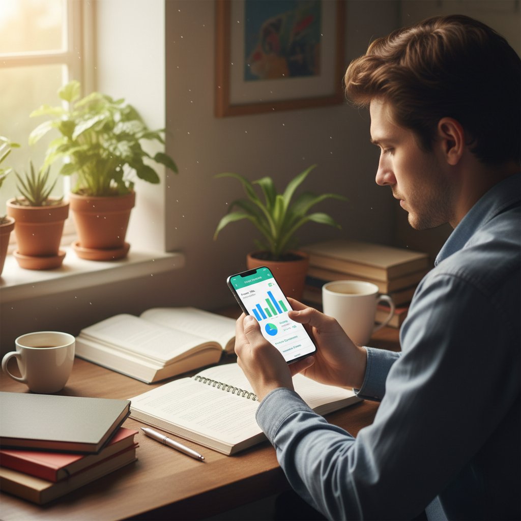 Zdjęcie osoby korzystającej z aplikacji mobilnej do przygotowania testów rekrutacyjnych, z widocznymi statystykami postępów