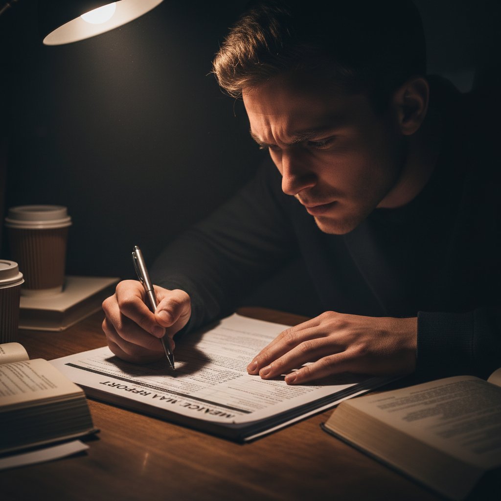 Osoba analizująca trudne do zrozumienia wyniki bilansu zdrowia w domu