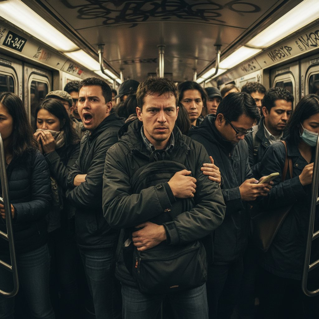 Osoba w wieku około 30 lat na ruchliwej stacji metra z torbą, subtelnie wyrażająca dyskomfort. W tle obojętni współpasażerowie.