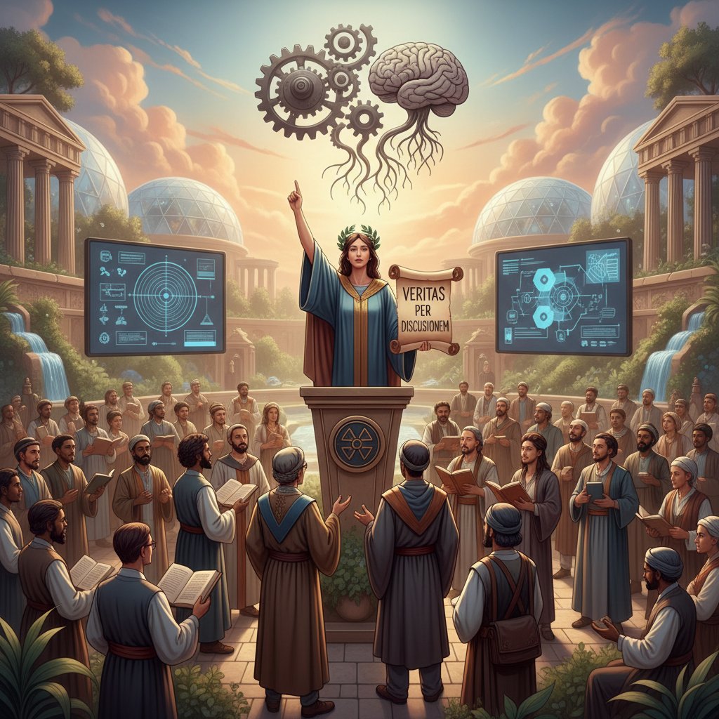 Osoba celebrująca sukces online po udanej debacie filozoficznej, otoczona przez społeczność