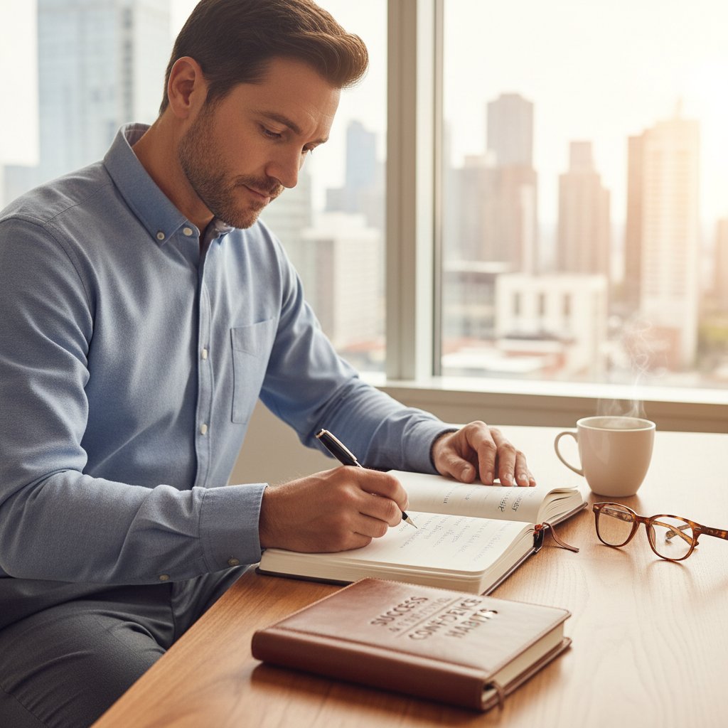 Osoba zaznaczająca kolejne osiągnięcia w dzienniku sukcesów – techniki budowania pewności siebie