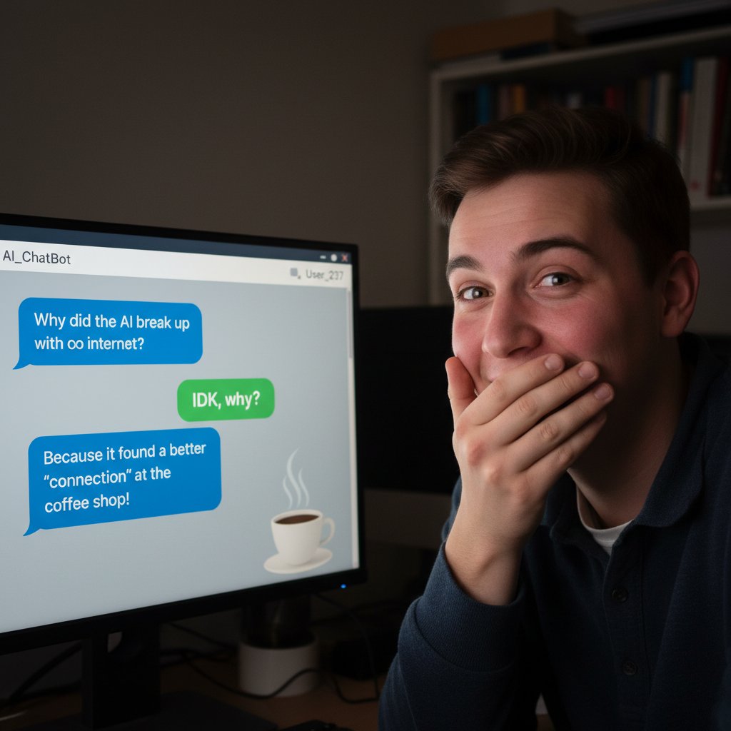 Osoba zaskoczona lub zażenowana żartem AI podczas rozmowy online