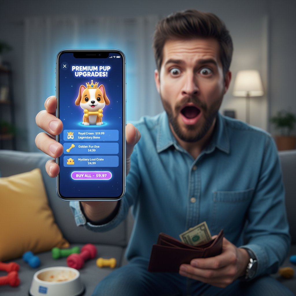 Osoba zaskoczona rachunkiem za mikropłatności w aplikacji z psem online