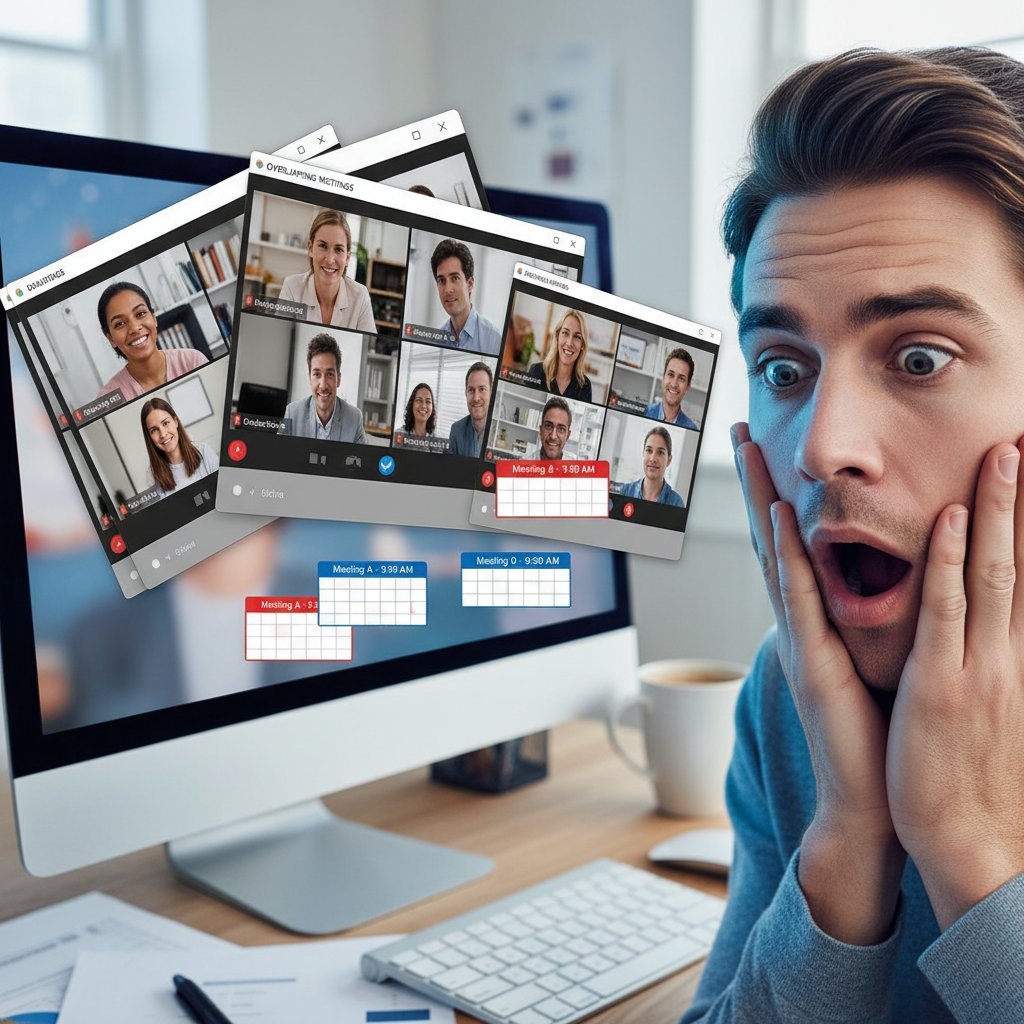 Osoba z zaskoczonym wyrazem twarzy patrząca na ekran z kilkoma nałożonymi spotkaniami