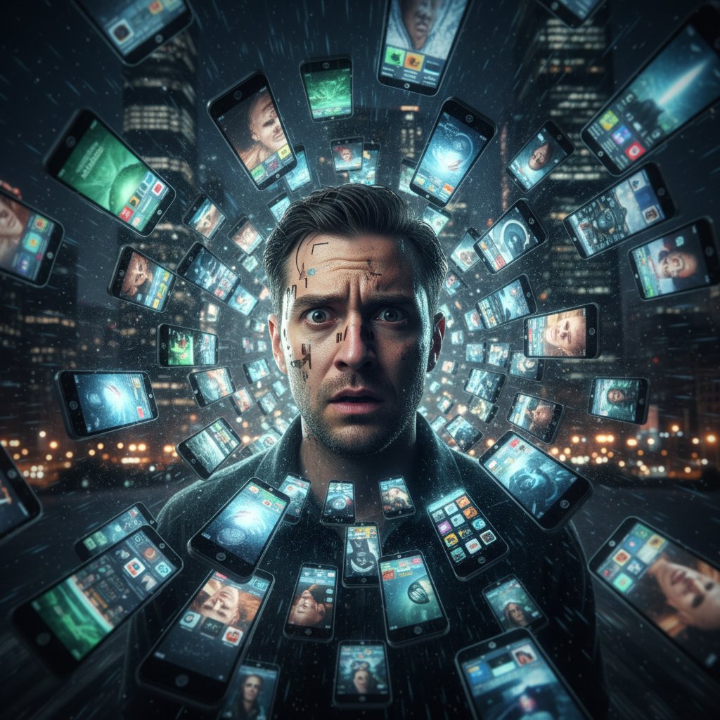 Osoba przytłoczona przez cyfrowy szum, patrząca na ekran telefonu, otoczona światłem ekranów