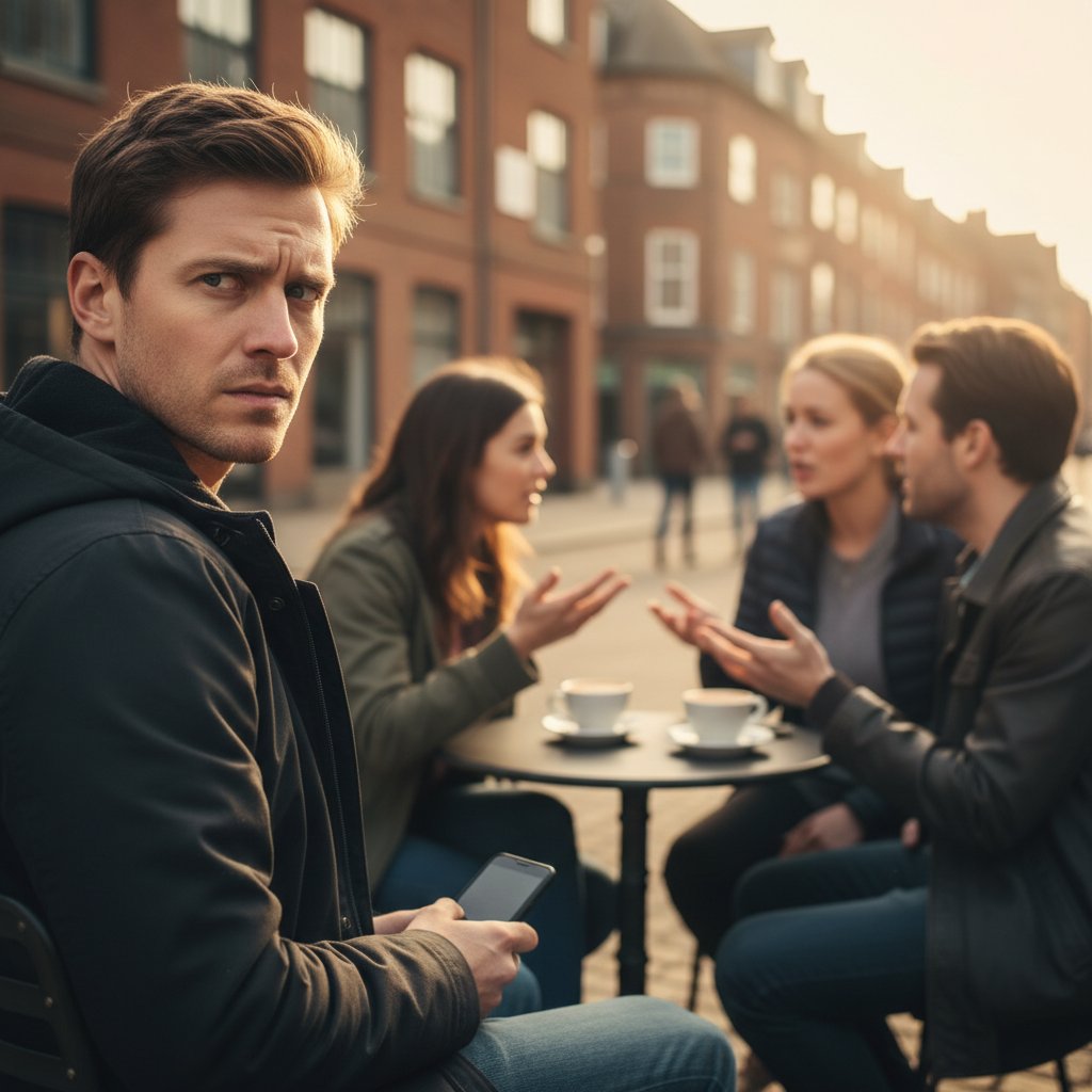 Zdjęcie osoby patrzącej na ekran smartfona z wyrazem nieufności, kontrastującej z grupą rozmawiających ludzi w tle