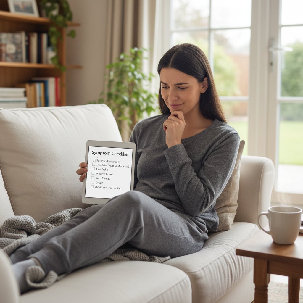 Osoba w domu wypełnia checklistę objawów na smartfonie lub kartce, skupiony wyraz twarzy, komfortowa atmosfera