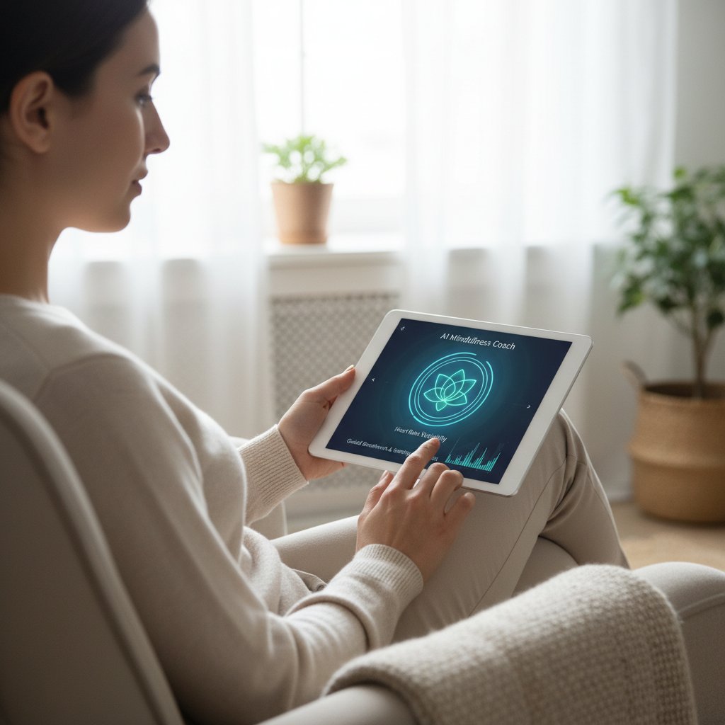 Osoba korzystająca z aplikacji AI na tablecie, skupienie, ćwiczenia mindfulness w tle