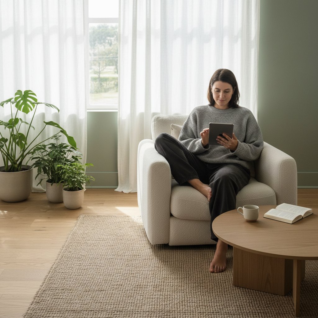 Osoba korzystająca z tabletu na tle spokojnego wnętrza, ekran z aplikacją AI do pracy nad ego
