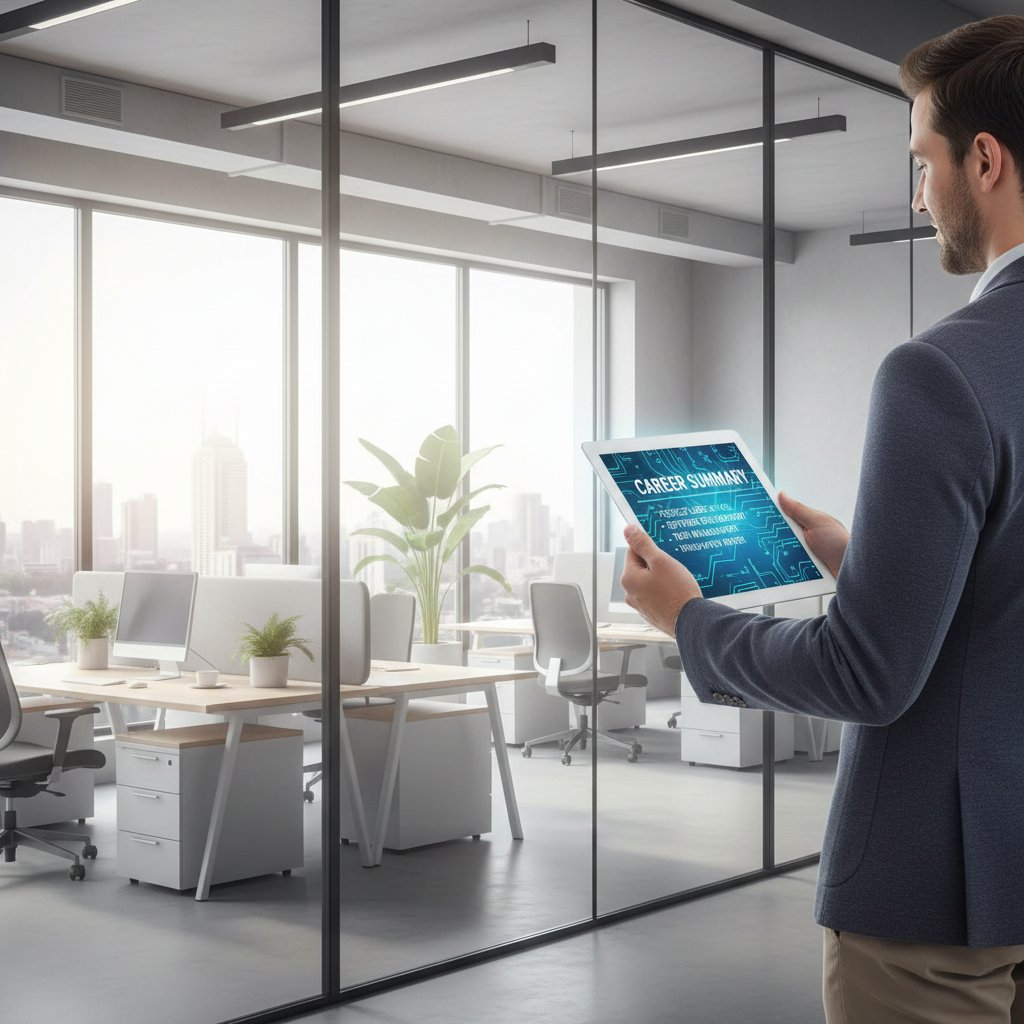 Osoba korzystająca z kariera.ai na tablecie, nowoczesne wnętrze biurowe, ekran z podsumowaniem ścieżki kariery