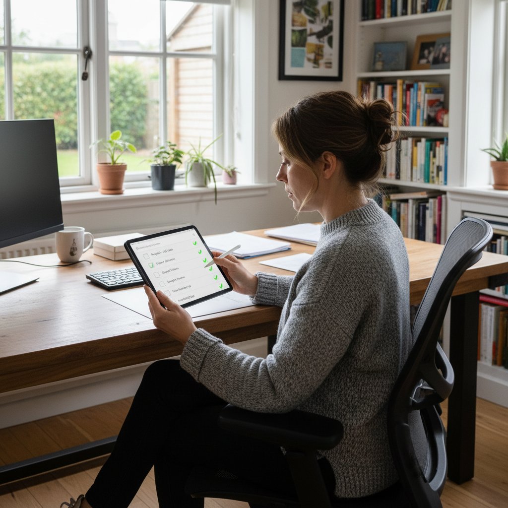 Osoba wpatrująca się w checklistę na tablecie, skupiona mina, domowe biuro