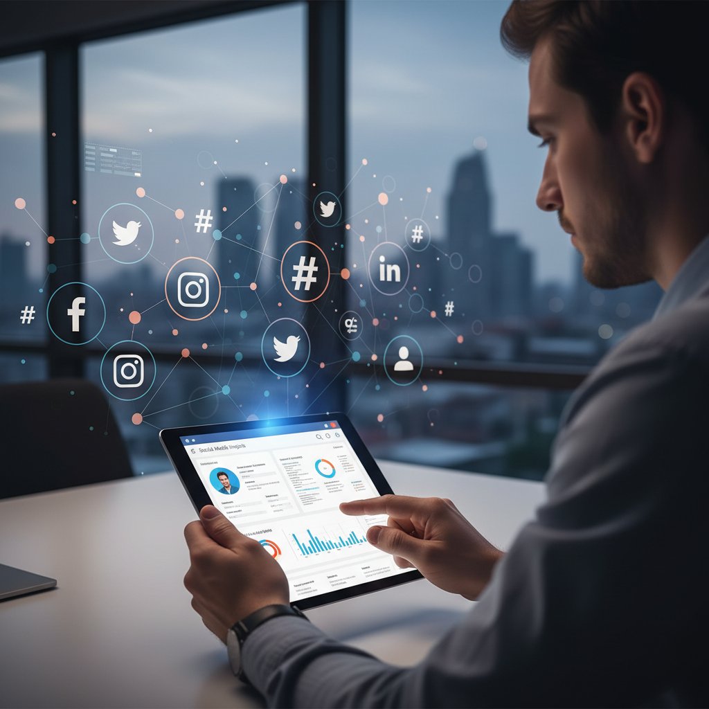 Osoba korzystająca z tabletu z otwartą aplikacją CRM i chatbota AI w tle mediów społecznościowych