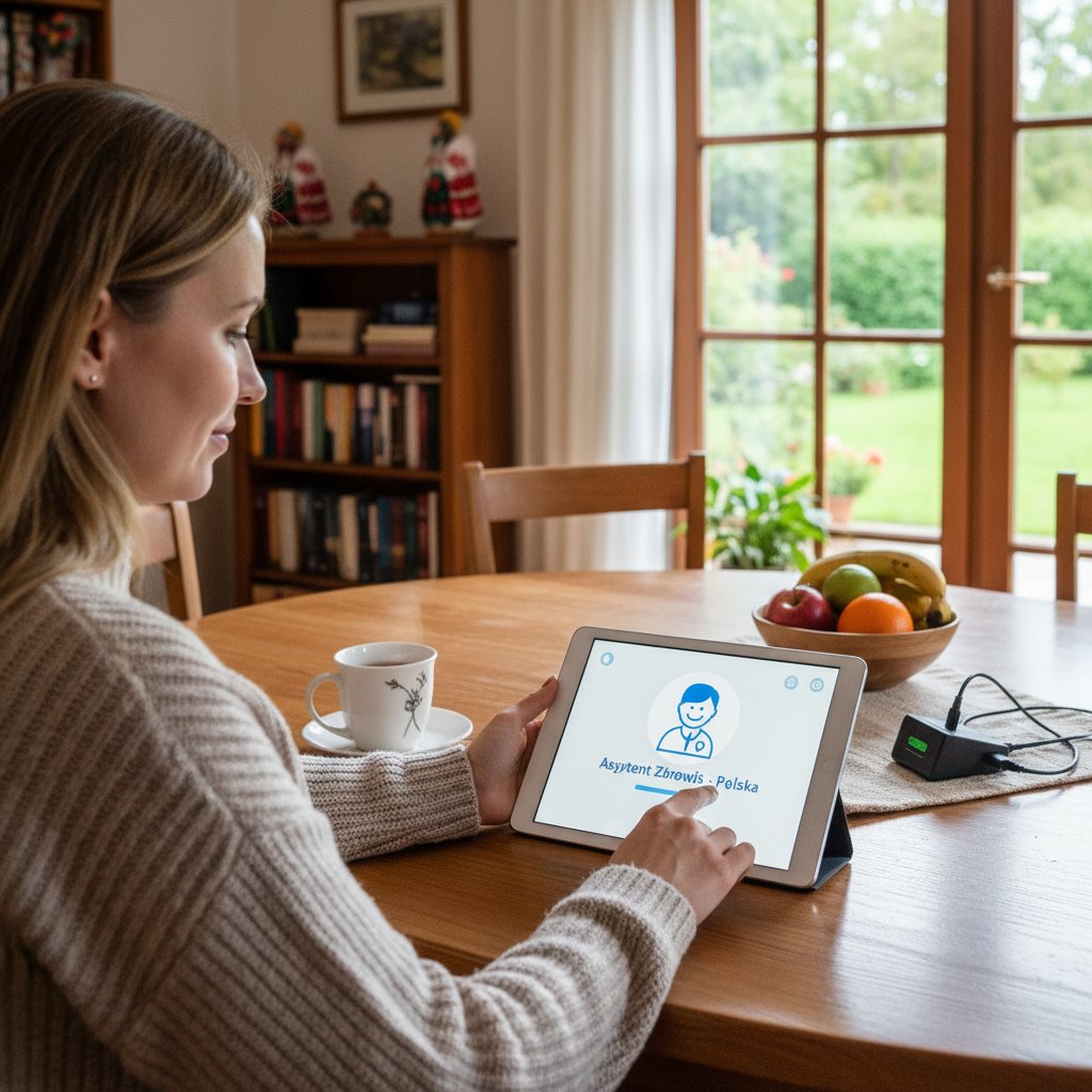 Osoba korzystająca z tabletu do rozmowy z wirtualnym asystentem zdrowotnym, przy stole w domu, atmosfera technologiczna