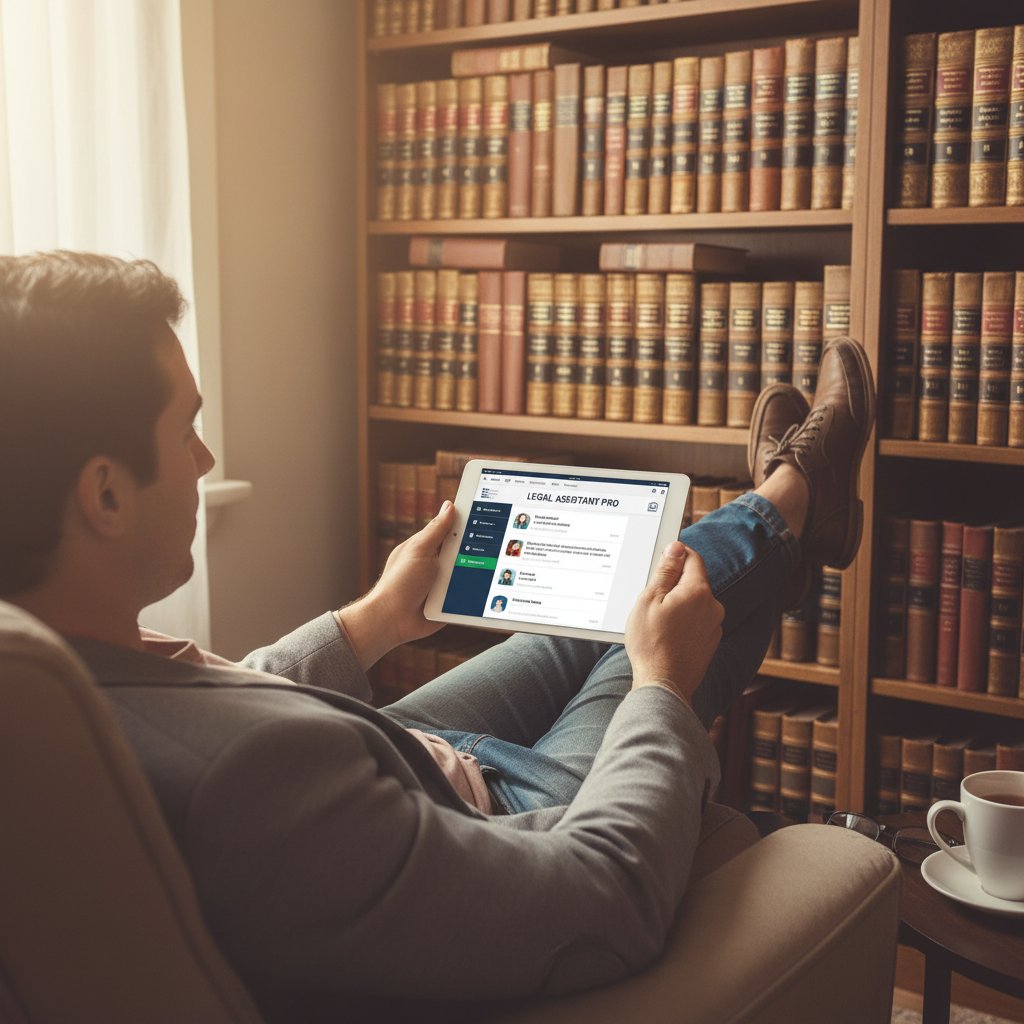 Osoba korzystająca z tabletu z aplikacją asystenta prawnego, zrelaksowana atmosfera, półka z książkami prawniczymi
