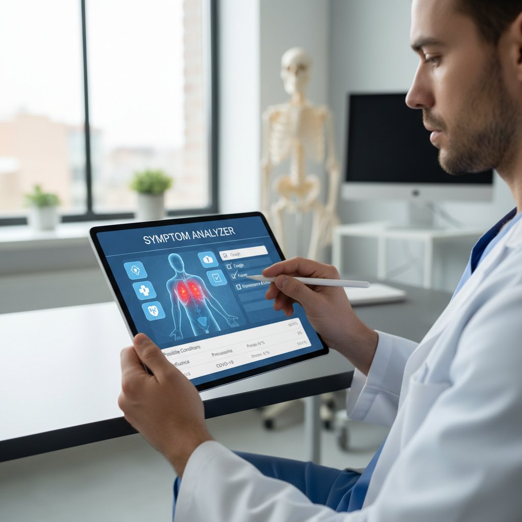 Osoba korzystająca z tabletu, na ekranie widoczna aplikacja medyczna z analizą objawów