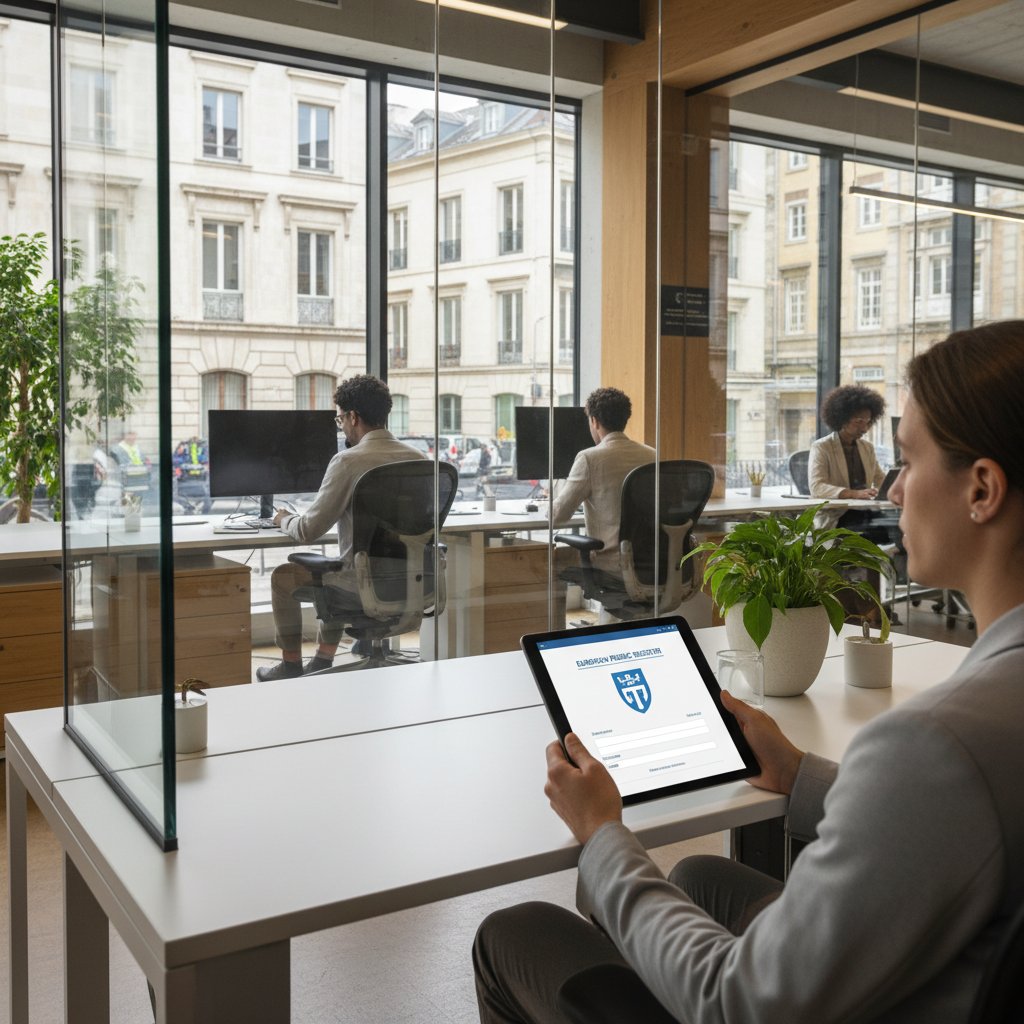 Osoba korzystająca z tabletu w nowoczesnym europejskim urzędzie, porównanie cyfryzacji, Polska vs. świat
