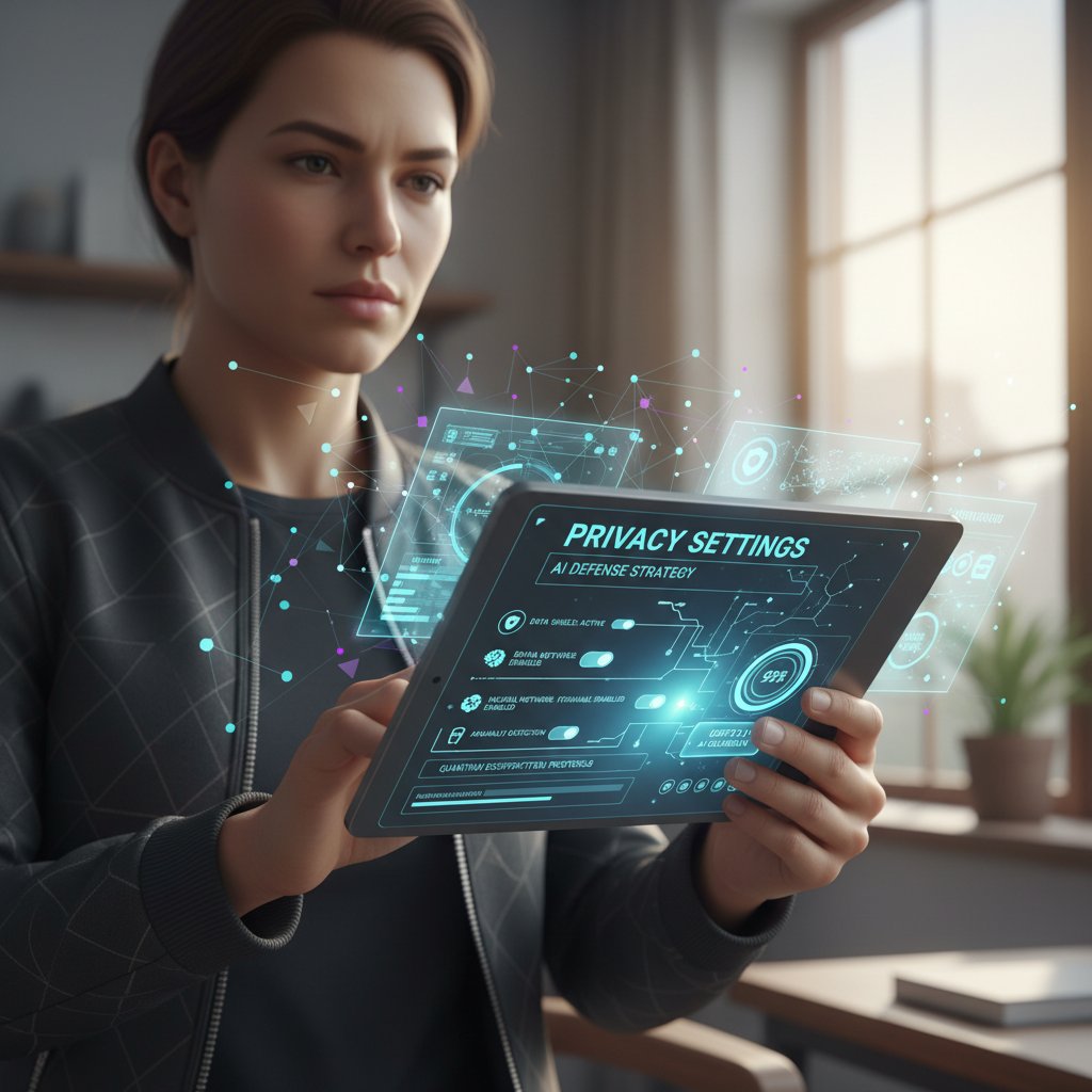 Osoba przeglądająca na tablecie ustawienia prywatności, symbolizująca świadome korzystanie z AI
