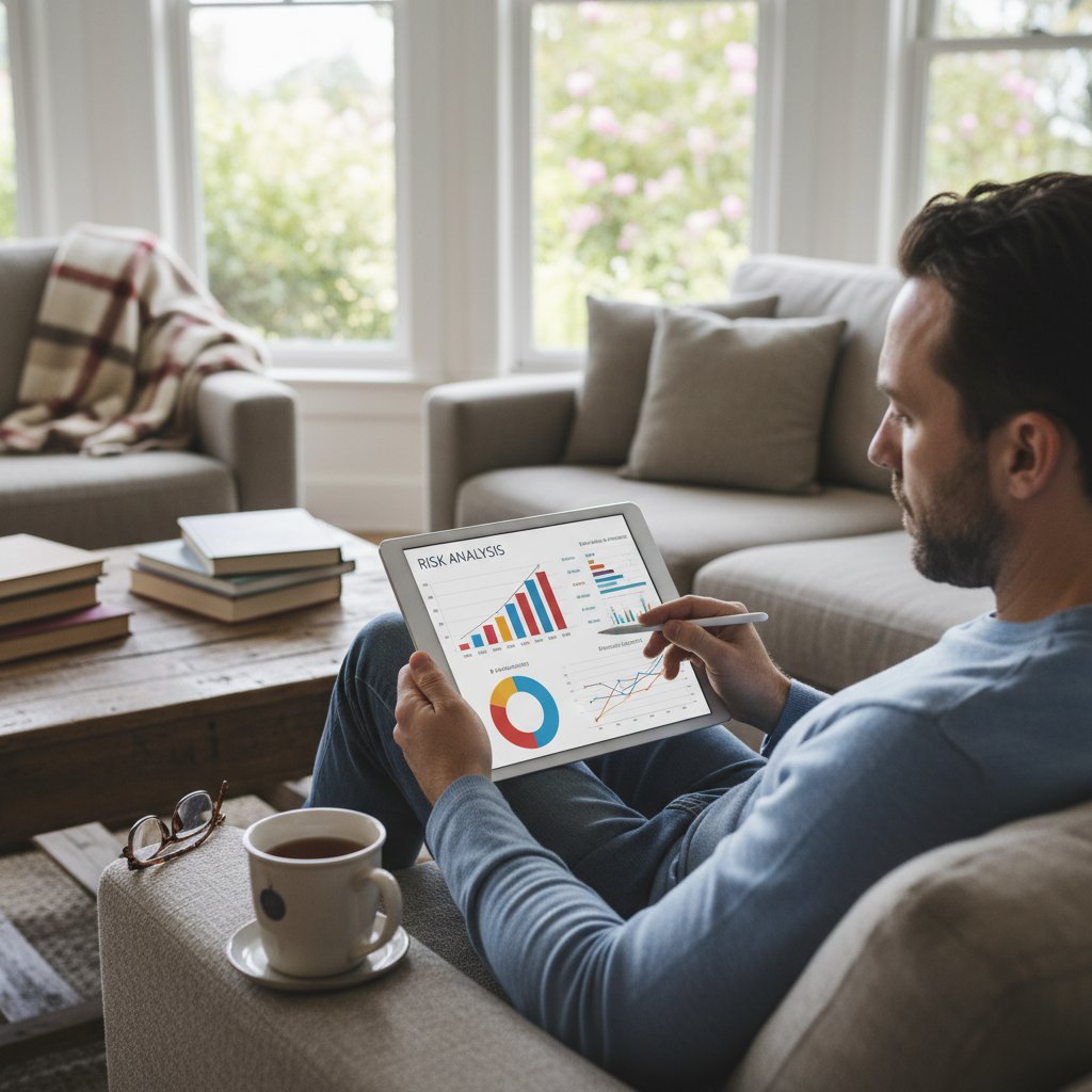 Osoba korzystająca z tabletu w domowym zaciszu, ekran wyświetla analizę ryzyka zdrowotnego