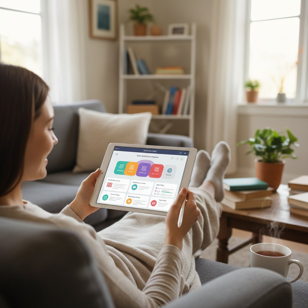 Person tippt auf Tablet mit Self-Help-App, Alltagssituation digitale Gesundheitsanwendung