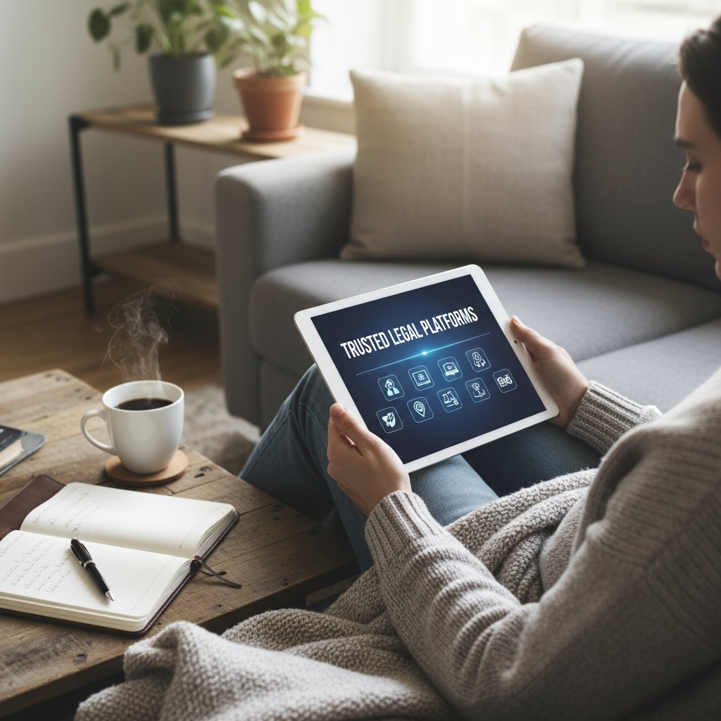 Osoba przeglądająca na tablecie zaufane platformy prawne – domowa scena z kawą i notatnikiem