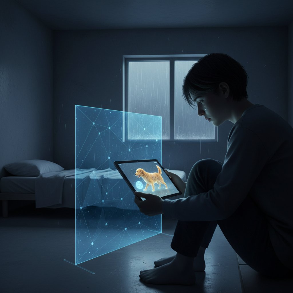 Osoba siedząca samotnie z tabletem, światło ekranu podkreśla dystans emocjonalny