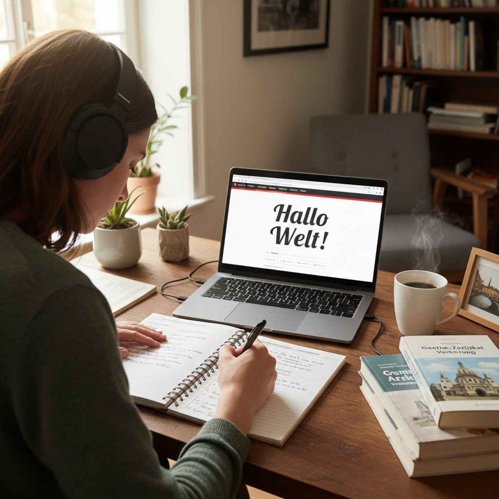 Osoba notująca podczas słuchania niemieckiego, biurko, słuchawki, intensywne skupienie