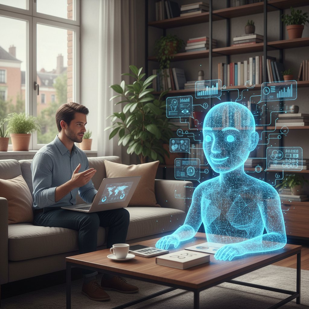 Osoba prowadząca rozmowę z AI partnerem na laptopie w domowym zaciszu