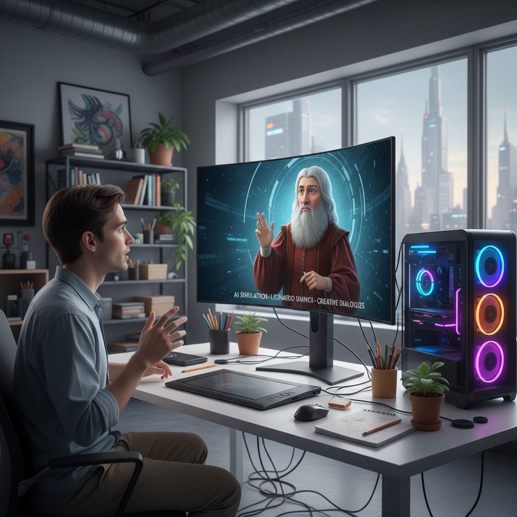 Osoba rozmawiająca z historyczną postacią dzięki symulacji AI na komputerze