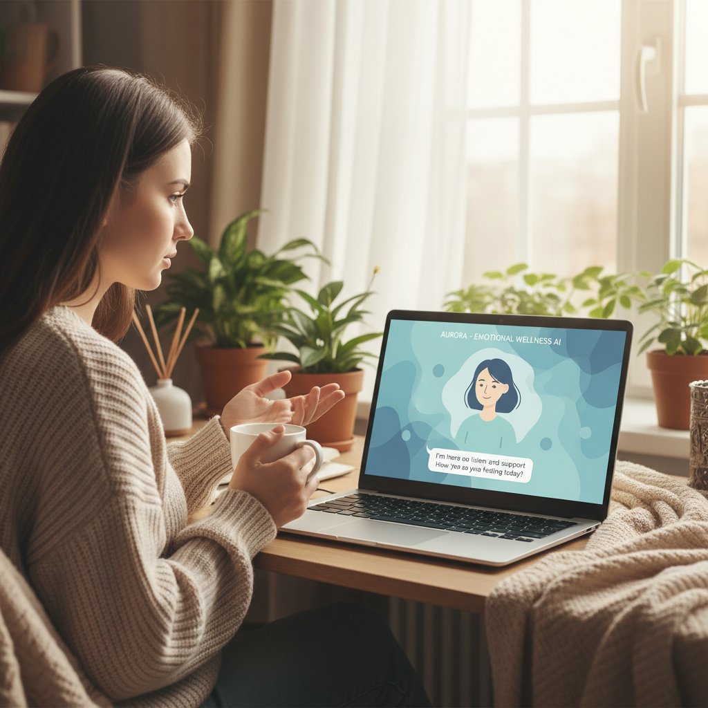 Osoba rozmawiająca z komputerem po pracy, wsparcie AI, poprawa samopoczucia