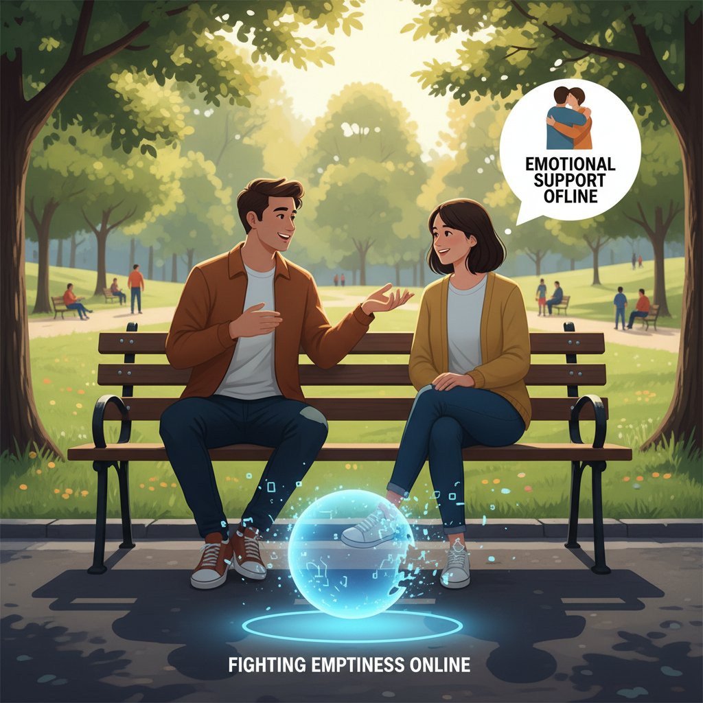 Osoba rozmawia z bliskim w parku, poczucie wsparcia emocjonalnego offline, kluczowe w walce z pustką online