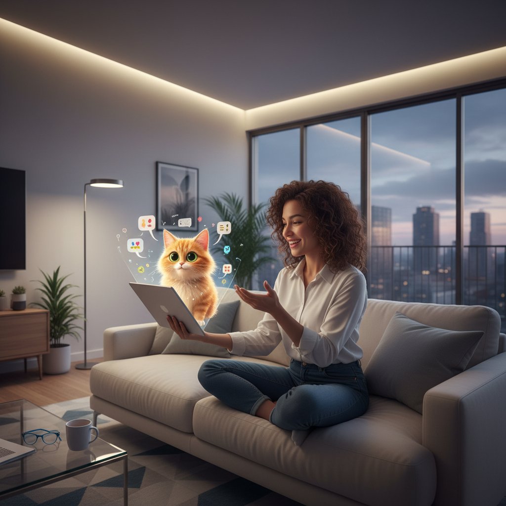 Młoda osoba rozmawiająca z wirtualnym kotkiem na tablecie, nowoczesne mieszkanie