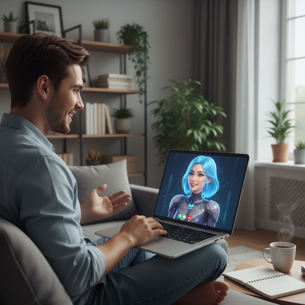 Osoba rozmawiająca przez komputer z realistycznym awatarem popularnego celebryty, domowe otoczenie