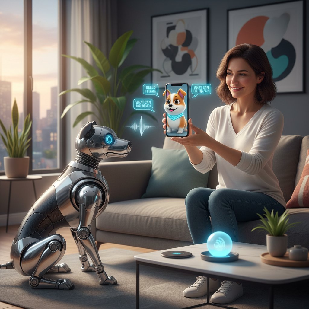 Osoba rozmawia z psem AI na smartfonie – zaawansowana technologia w praktyce