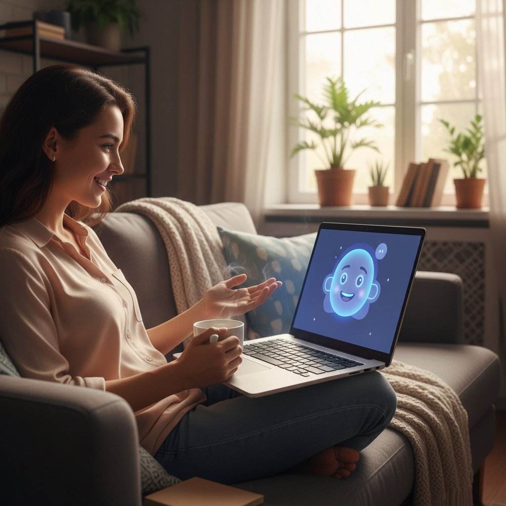 Osoba rozmawiająca z AI na ekranie laptopa, zrelaksowany klimat, przyjazna atmosfera