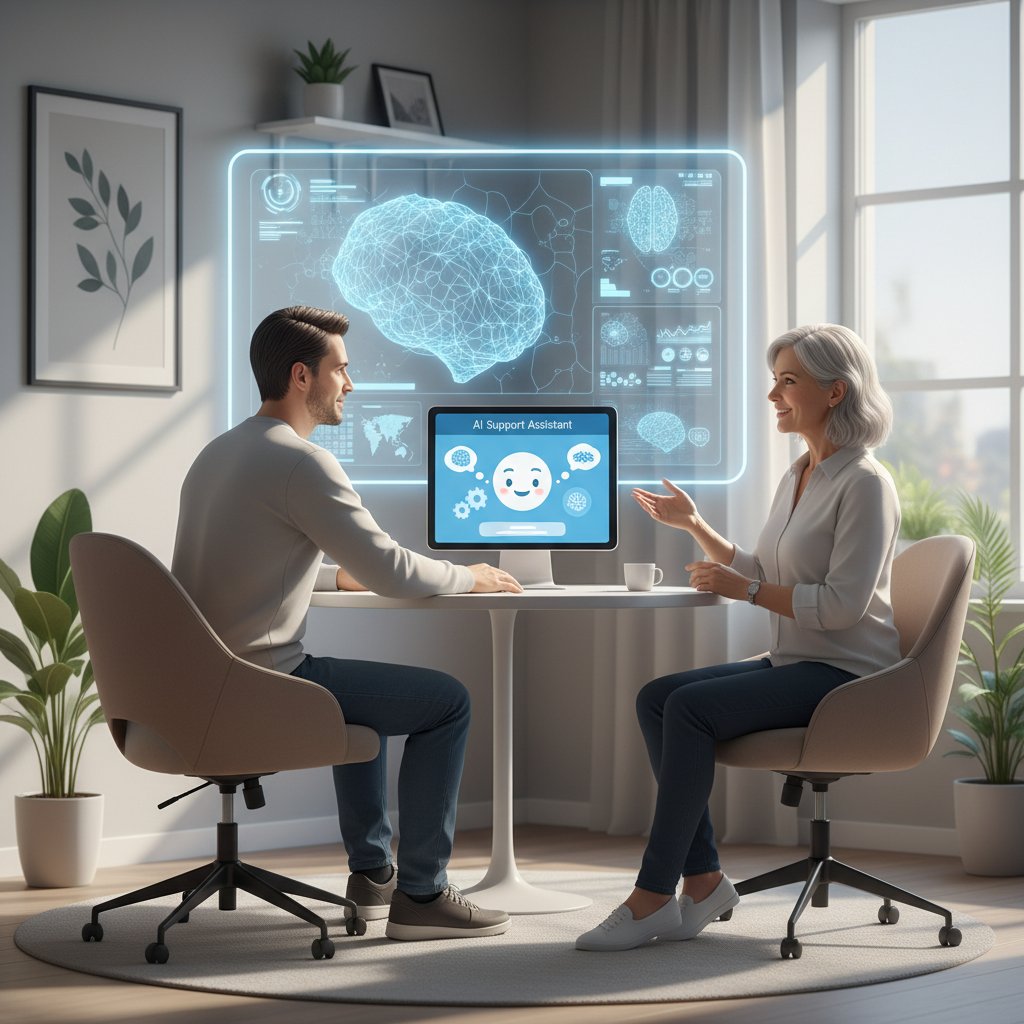 Osoba rozmawiająca poprzez komputer z psychologiem lub korzystająca z narzędzi AI, symbolizująca nowoczesne wsparcie psychologiczne