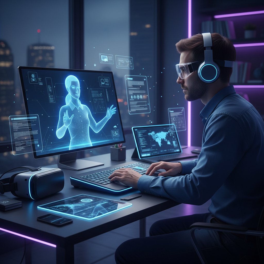 Osoba rozmawiająca z wirtualnym nauczycielem na ekranie laptopa, atmosfera nowoczesnej technologii, skupienie