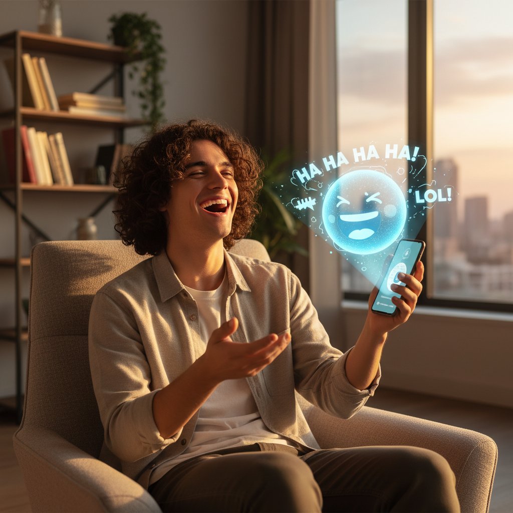 Osoba rozmawia z wirtualnym asystentem na telefonie, śmieje się z żartów ai, ziomek.ai