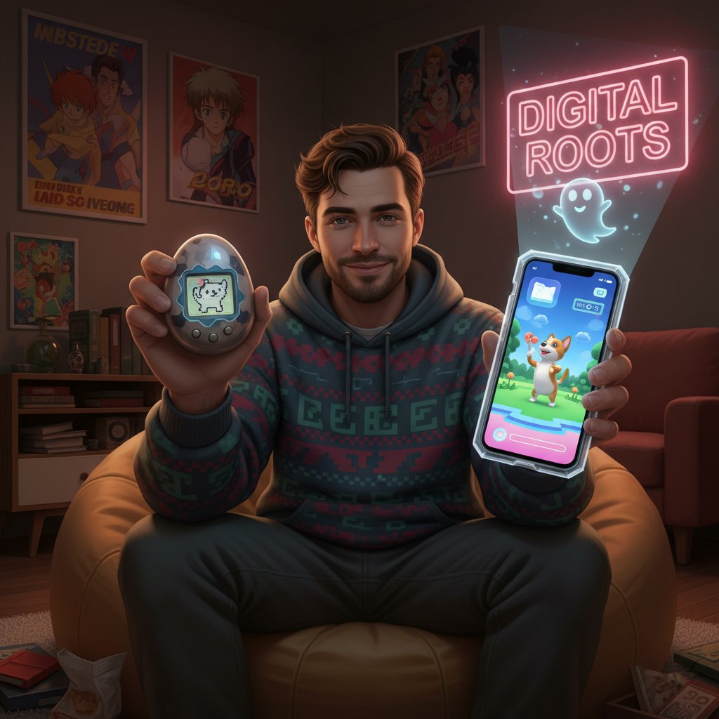 Osoba bawiąca się Tamagotchi i później trzymająca smartfona z wirtualnym pieskiem