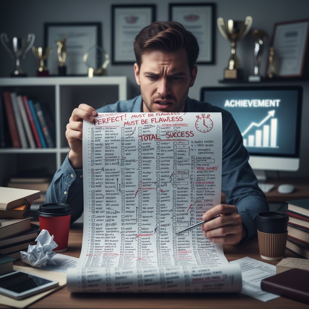 Osoba patrząca z niepokojem na listę zadań, przesadnie dba o detale, perfekcjonizm i presja sukcesu