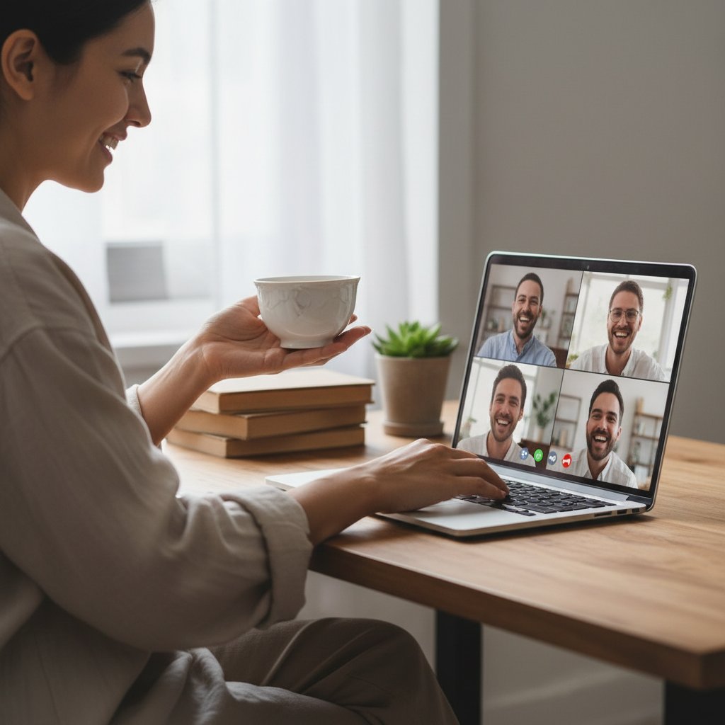 Osoba siedząca z kubkiem herbaty przy laptopie, uśmiechnięta, w pogodnej atmosferze, symbolizująca ulgę i równowagę