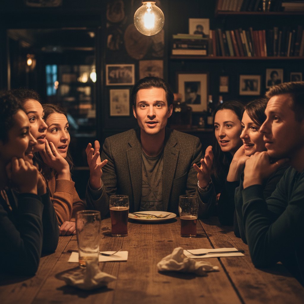 Osoba opowiadająca barwną historię przy stole, reszta grupy zasłuchana, atmosfera napięcia i entuzjazmu