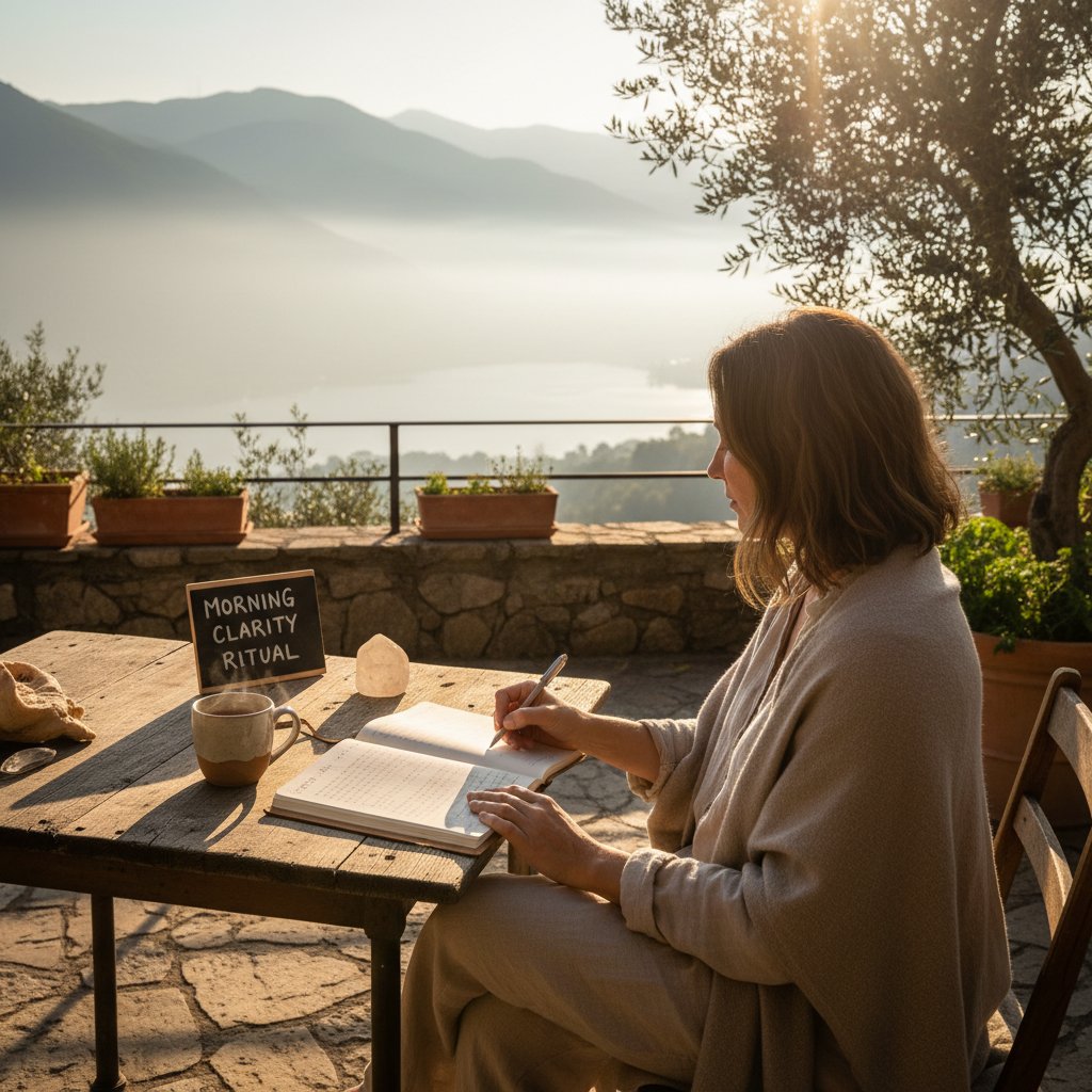Osoba na tarasie o poranku z notatnikiem – codzienne rytuały klaryfikacji