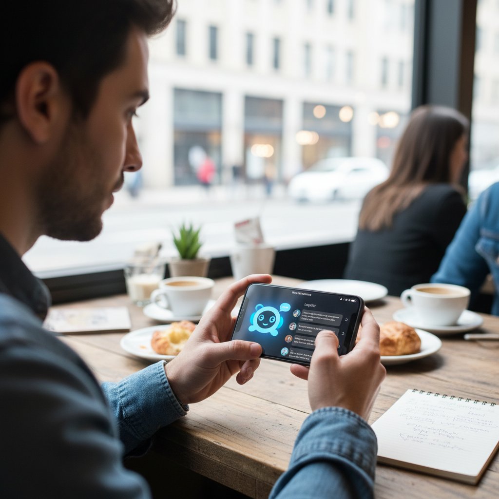 Osoba testująca różne boty AI na swoim smartfonie